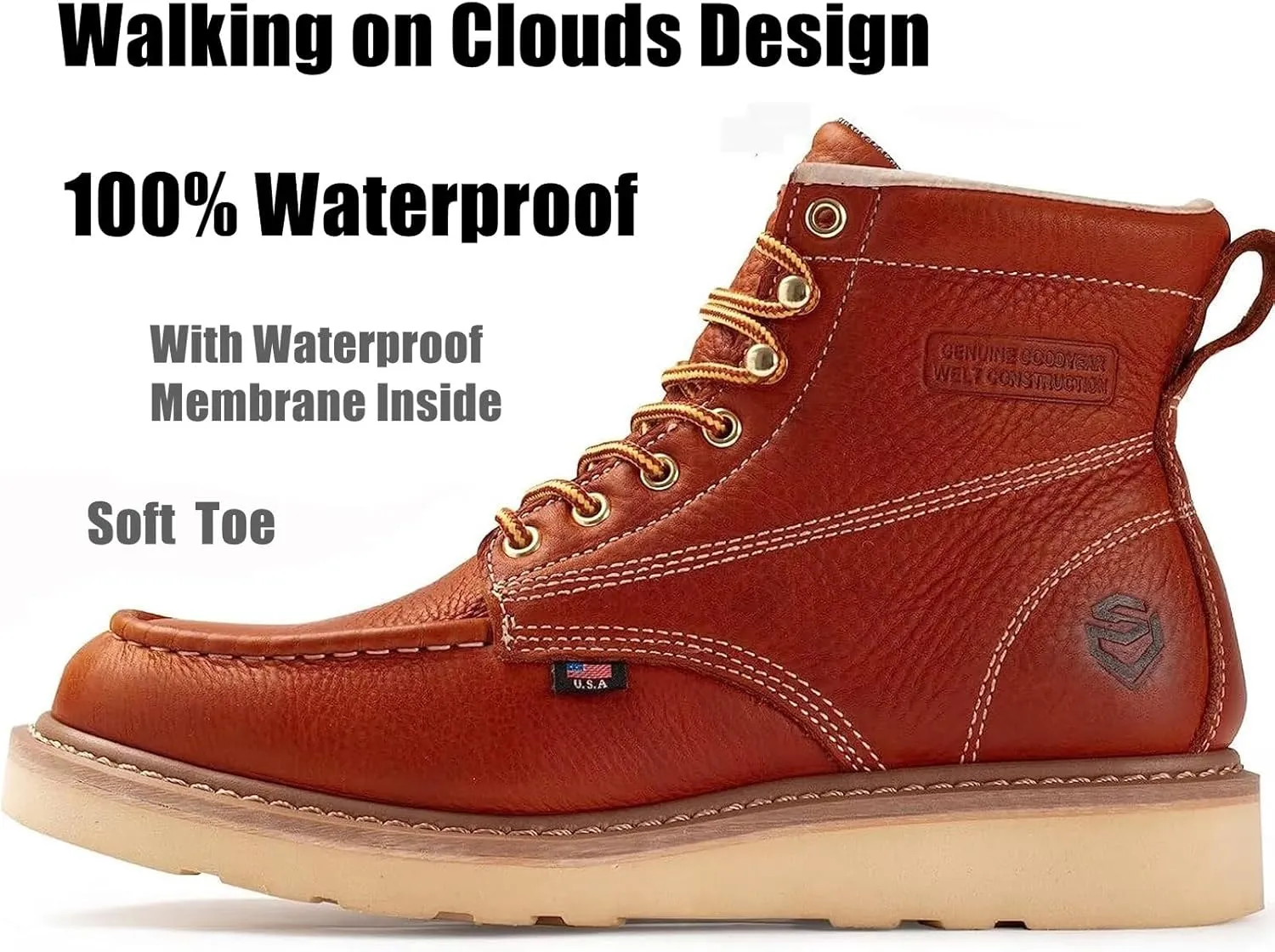 SUREWAY 6 in Mens Waterproof Soft Toe Work Boots for Men-Full Grain Leather,Goodyear,Non-Slip EH Safety Industial Construction Wedge Moc Toe Work Boots/Shoes