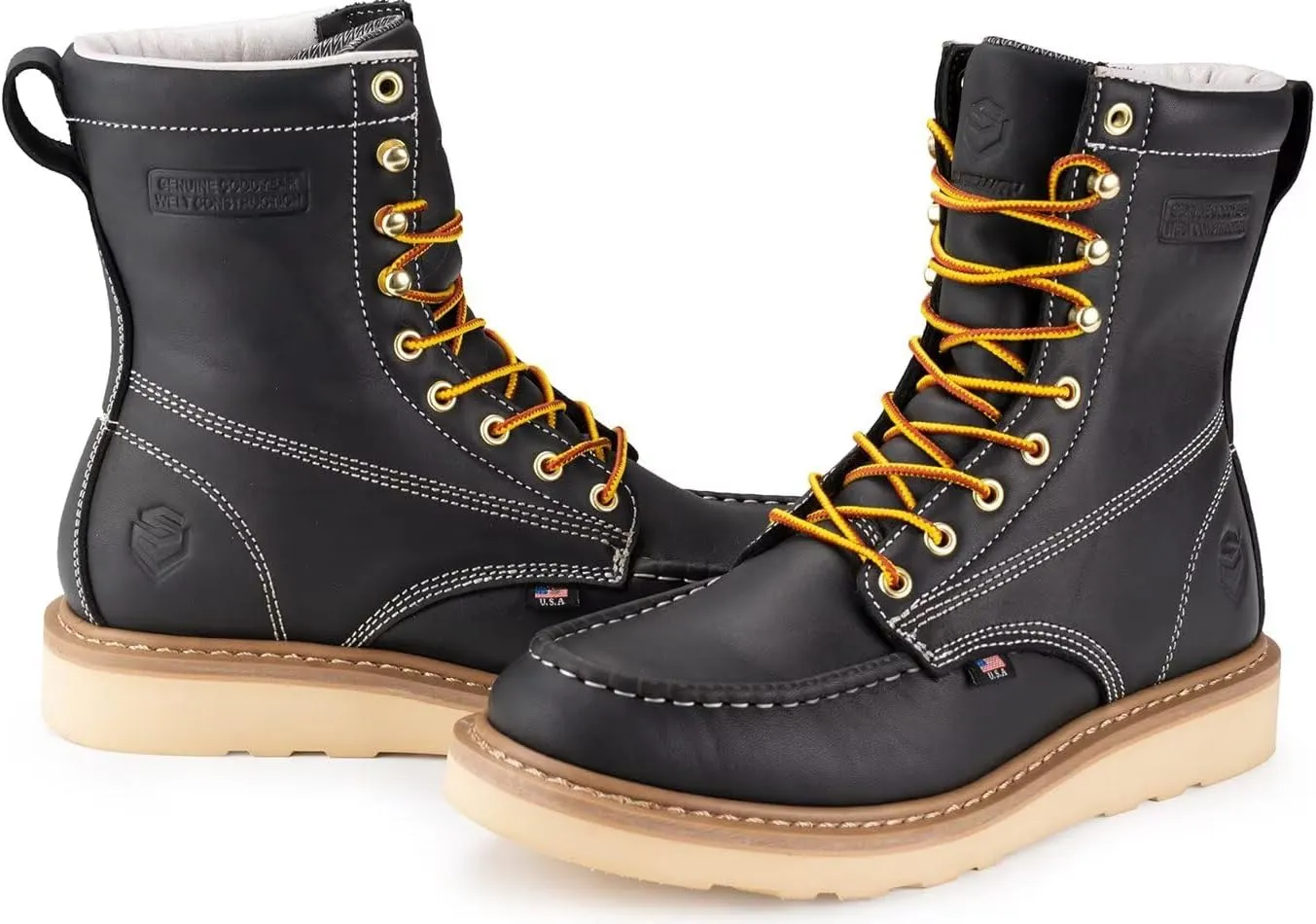 SUREWAY 8in Wedge Moc Toe Work Boots for Men - Soft Toe,Premium Full-Grain Leather,Safety Work Boots/Shoes,Comfort Insole,Oil/Slip Resistant,Real Goodyear,EH Rated Industrial Construction