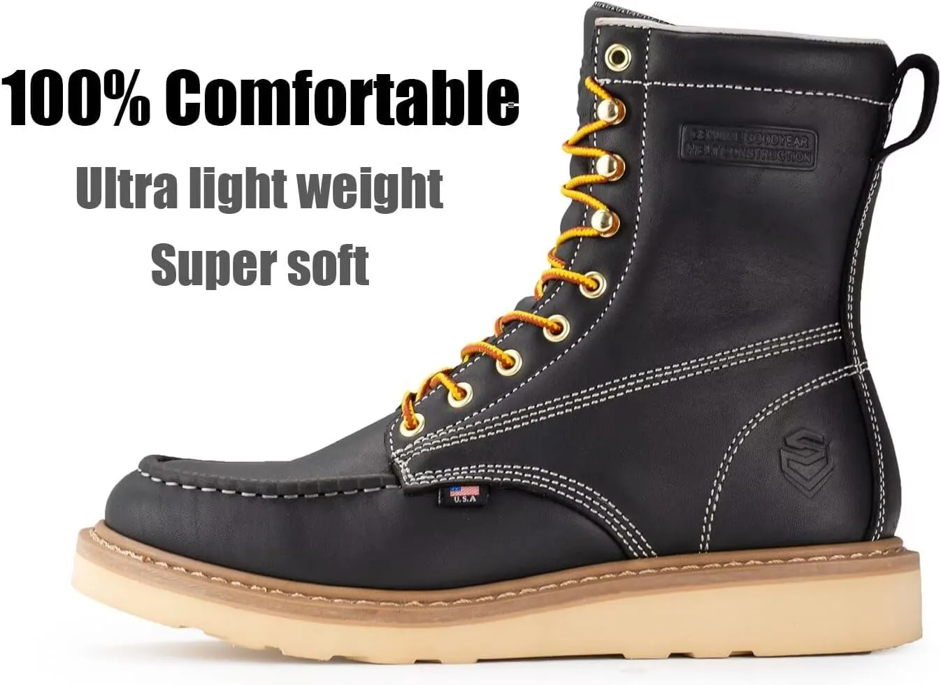 SUREWAY 8in Wedge Moc Toe Work Boots for Men - Soft Toe,Premium Full-Grain Leather,Safety Work Boots/Shoes,Comfort Insole,Oil/Slip Resistant,Real Goodyear,EH Rated Industrial Construction