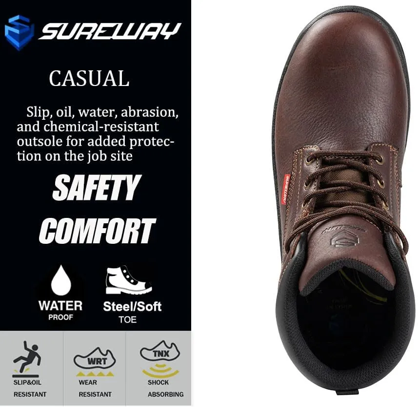 SUREWAY Men Waterproof Steel/Soft Toe Hiking Work Boots - Leather,Lace Up,Round Toe,Slip Resistant,Comfort EH Safety Industrial Construction Boot,Lightweight Utility Outdoor Shoes for Roofing,Hunting
