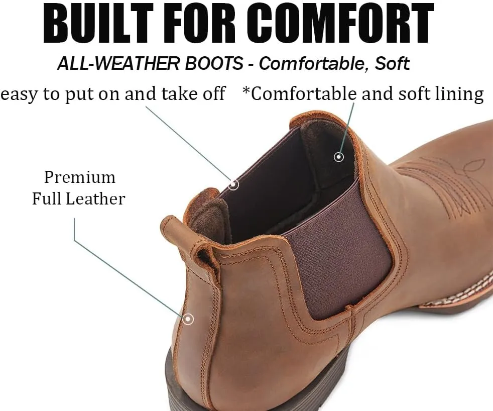 SUREWAY Mens Western Chelsea Cowboy Boots for Men Square Toe,Rugged Slip-On Work/Casual/Dress Boots for Men,Comfort Slip Resistant Ankle Leather Boots