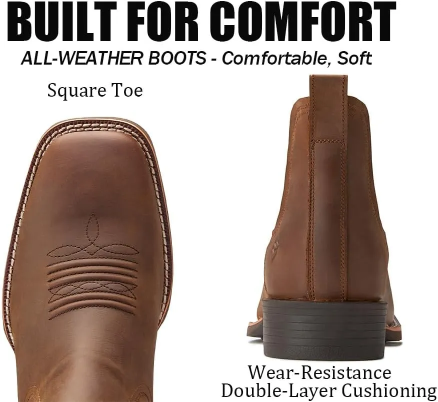 SUREWAY Mens Western Chelsea Cowboy Boots for Men Square Toe,Rugged Slip-On Work/Casual/Dress Boots for Men,Comfort Slip Resistant Ankle Leather Boots