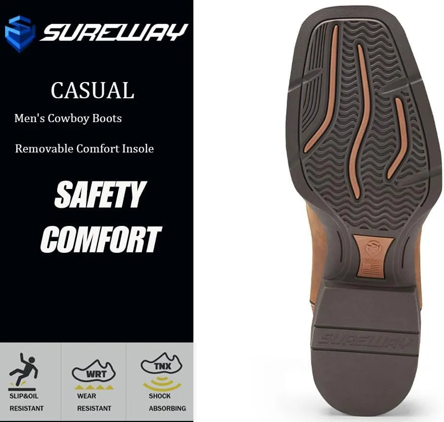 SUREWAY Mens Western Chelsea Cowboy Boots for Men Square Toe,Rugged Slip-On Work/Casual/Dress Boots for Men,Comfort Slip Resistant Ankle Leather Boots