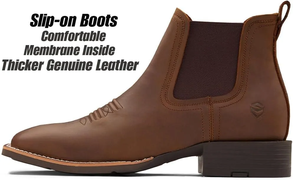 SUREWAY Mens Western Chelsea Cowboy Boots for Men Square Toe,Rugged Slip-On Work/Casual/Dress Boots for Men,Comfort Slip Resistant Ankle Leather Boots