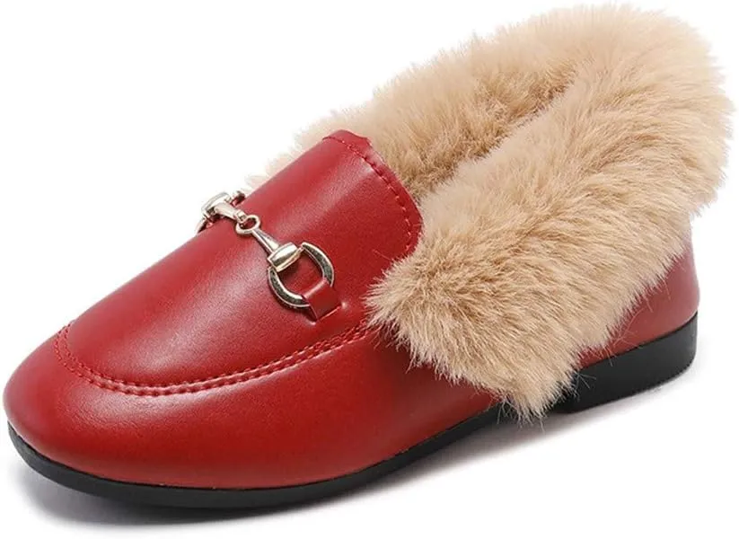 TangDao Toddler Little Big Kids Boat Dress Shoes Soft Slip-on Flats Shoes with Fur Girls Boys Comfort Loafers Leather Warm Dress Shoes for Girls