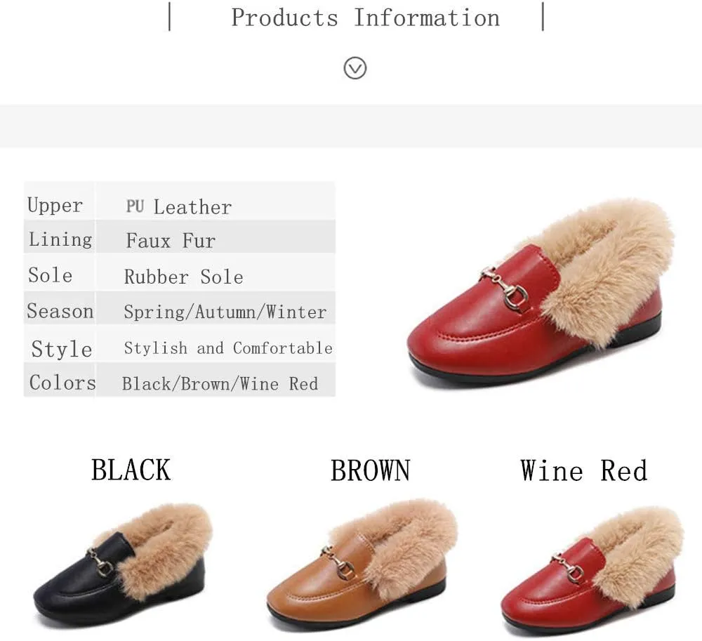TangDao Toddler Little Big Kids Boat Dress Shoes Soft Slip-on Flats Shoes with Fur Girls Boys Comfort Loafers Leather Warm Dress Shoes for Girls