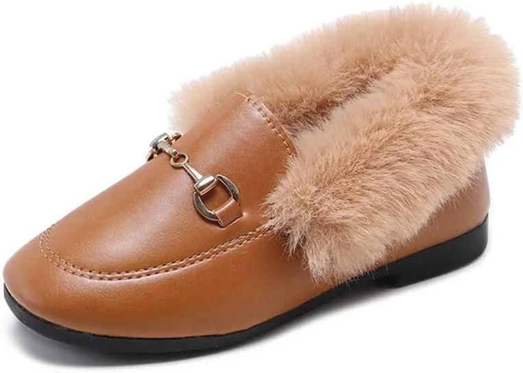 TangDao Toddler Little Big Kids Boat Dress Shoes Soft Slip-on Flats Shoes with Fur Girls Boys Comfort Loafers Leather Warm Dress Shoes for Girls