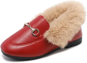 TangDao Toddler Little Big Kids Boat Dress Shoes Soft Slip-on Flats Shoes with Fur Girls Boys Comfort Loafers Leather Warm Dress Shoes for Girls