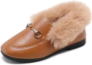 TangDao Toddler Little Big Kids Boat Dress Shoes Soft Slip-on Flats Shoes with Fur Girls Boys Comfort Loafers Leather Warm Dress Shoes for Girls