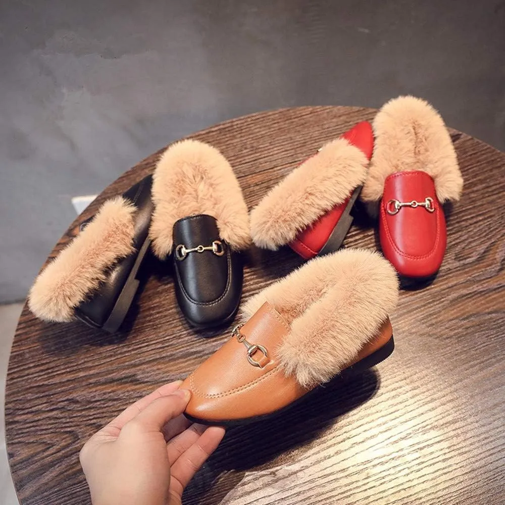 TangDao Toddler Little Big Kids Boat Dress Shoes Soft Slip-on Flats Shoes with Fur Girls Boys Comfort Loafers Leather Warm Dress Shoes for Girls