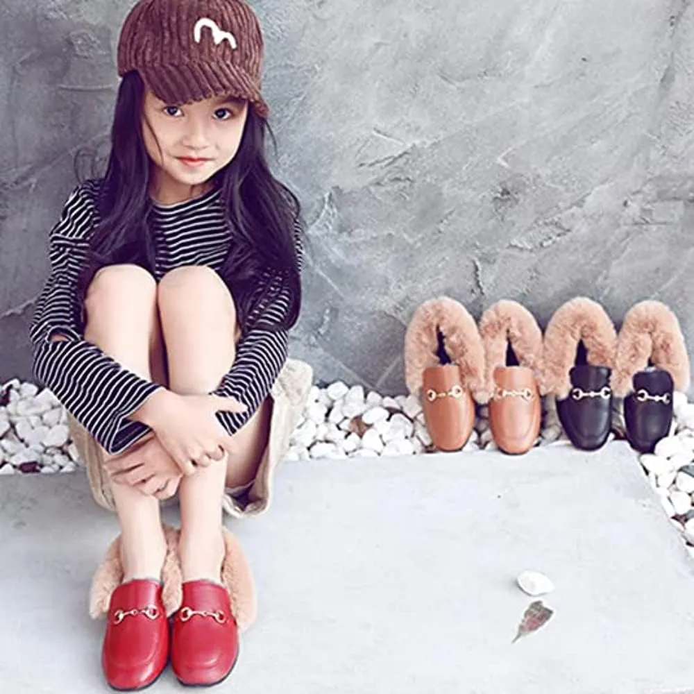 TangDao Toddler Little Kids Dress Shoes Velour with Fur Girls Boys Loafers Leather Warm Dress Shoes for Girls