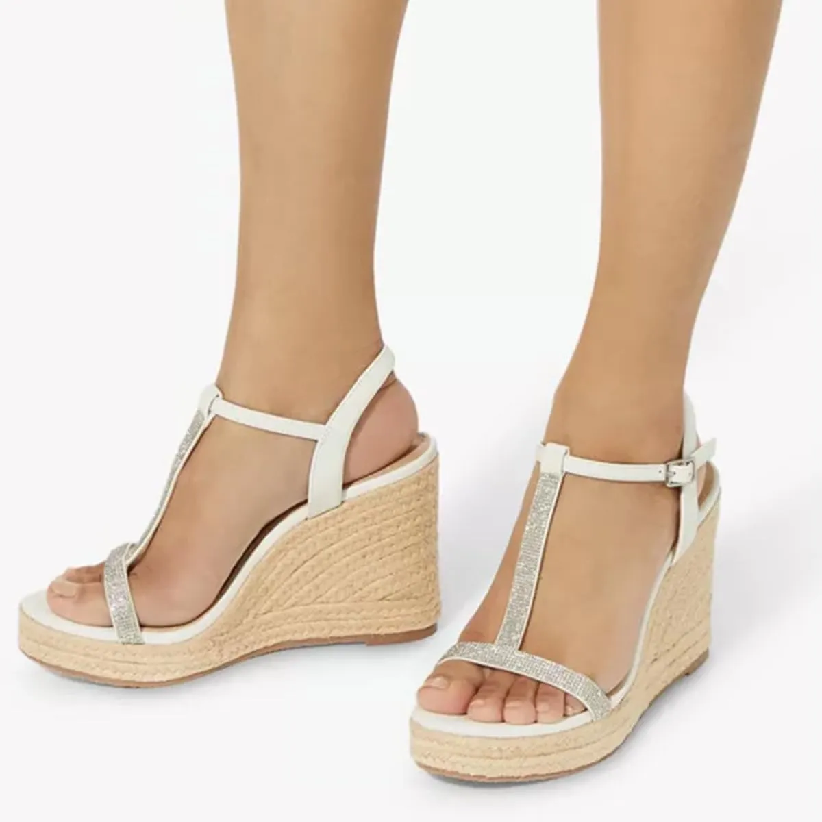 Tang'scuisins Women Strappy Open Toe T-strap Sandals Espadrille Wedges High Heels Buckle Rhinestones Daily Wear Party Summer Shoes Size 4-16 US
