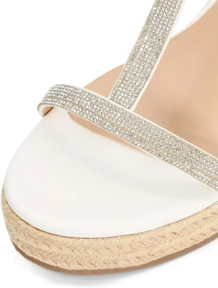Tang'scuisins Women Strappy Open Toe T-strap Sandals Espadrille Wedges High Heels Buckle Rhinestones Daily Wear Party Summer Shoes Size 4-16 US