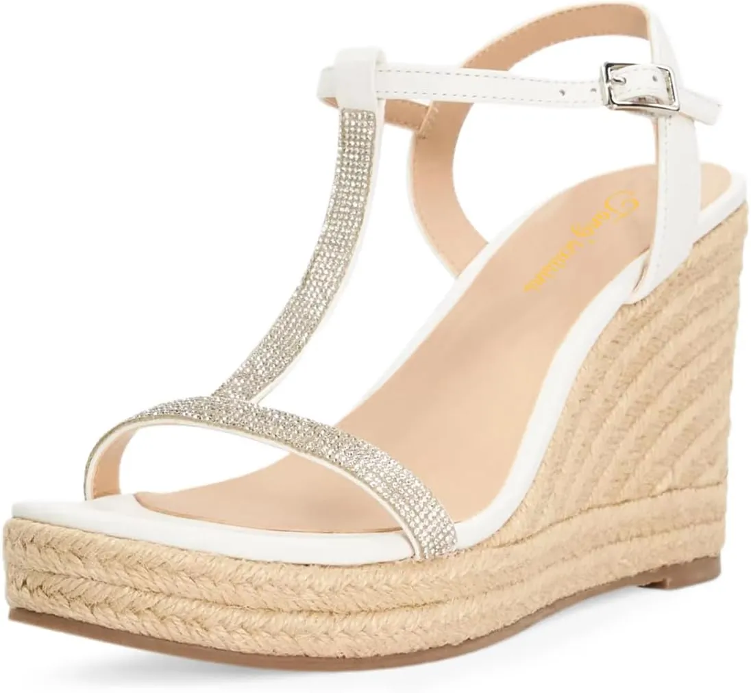 Tang'scuisins Women Strappy Open Toe T-strap Sandals Espadrille Wedges High Heels Buckle Rhinestones Daily Wear Party Summer Shoes Size 4-16 US