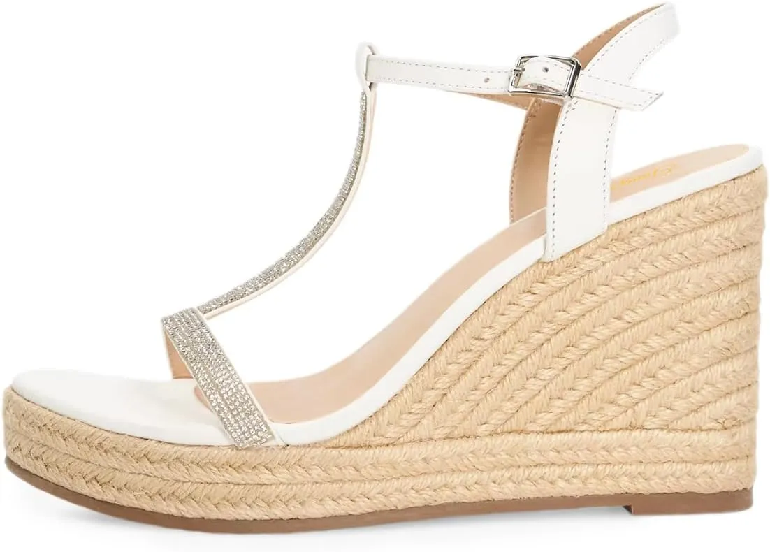 Tang'scuisins Women Strappy Open Toe T-strap Sandals Espadrille Wedges High Heels Buckle Rhinestones Daily Wear Party Summer Shoes Size 4-16 US