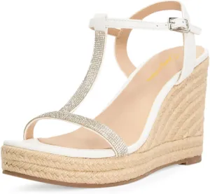 Tang'scuisins Women Strappy Open Toe T-strap Sandals Espadrille Wedges High Heels Buckle Rhinestones Daily Wear Party Summer Shoes Size 4-16 US