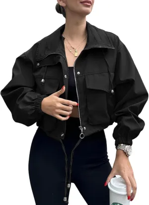 Tankaneo Womens Cropped Jacket Zip Up Lightweight Oversized Utility Anorak Coat with Pockets