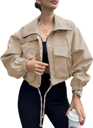 Tankaneo Womens Cropped Jacket Zip Up Lightweight Oversized Utility Anorak Coat with Pockets