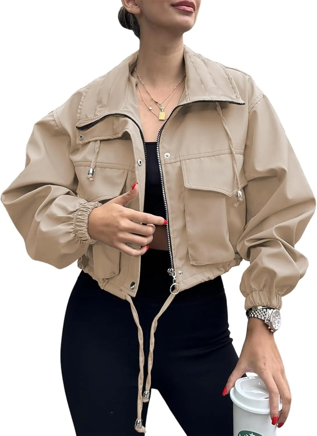 Tankaneo Womens Cropped Jacket Zip Up Lightweight Oversized Utility Anorak Coat with Pockets