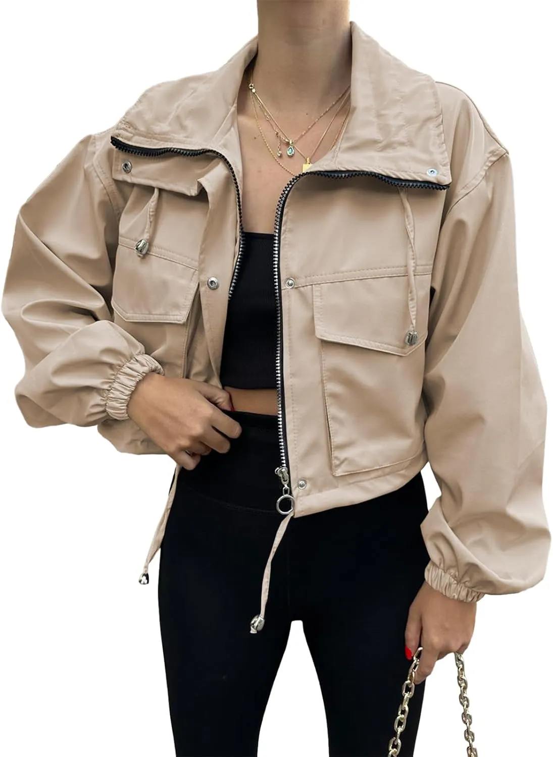 Tankaneo Womens Cropped Jacket Zip Up Lightweight Oversized Utility Anorak Coat with Pockets