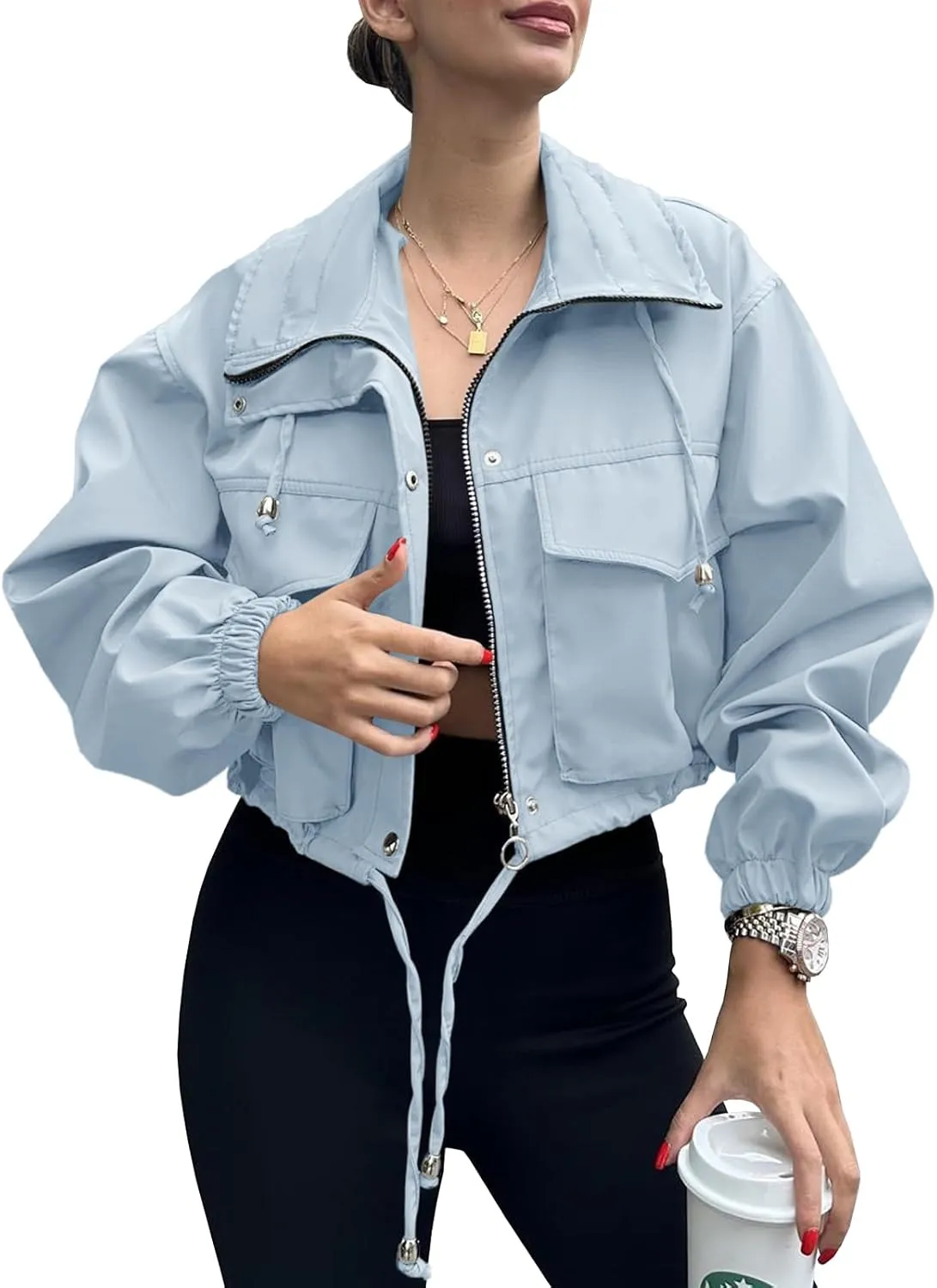 Tankaneo Womens Cropped Jacket Zip Up Lightweight Oversized Utility Anorak Coat with Pockets
