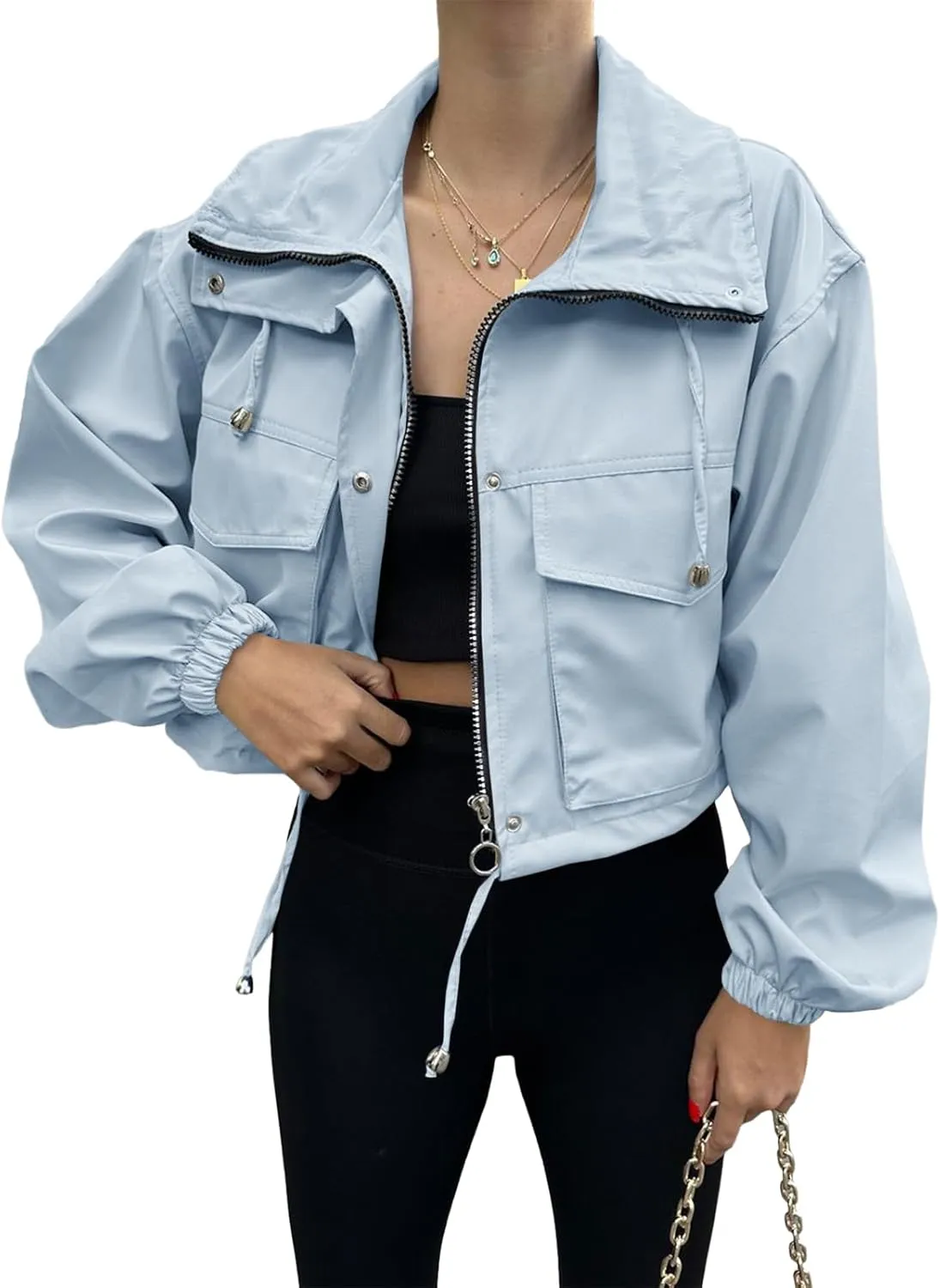 Tankaneo Womens Cropped Jacket Zip Up Lightweight Oversized Utility Anorak Coat with Pockets