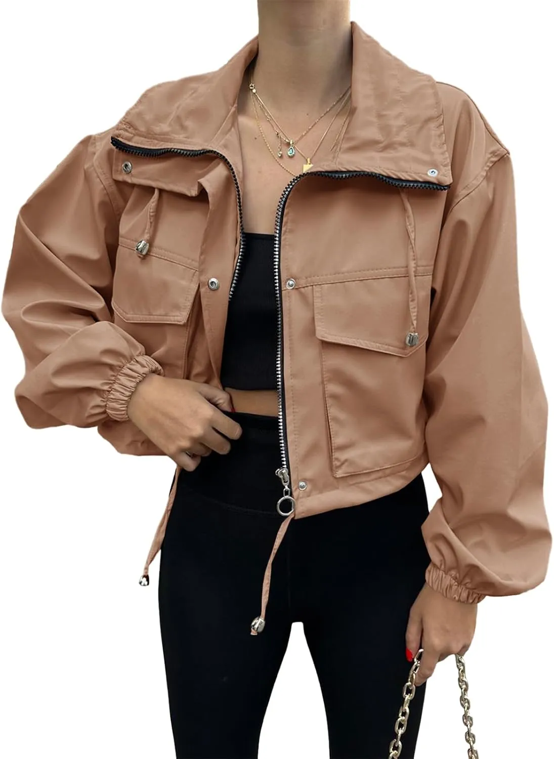 Tankaneo Womens Cropped Jacket Zip Up Lightweight Oversized Utility Anorak Coat with Pockets
