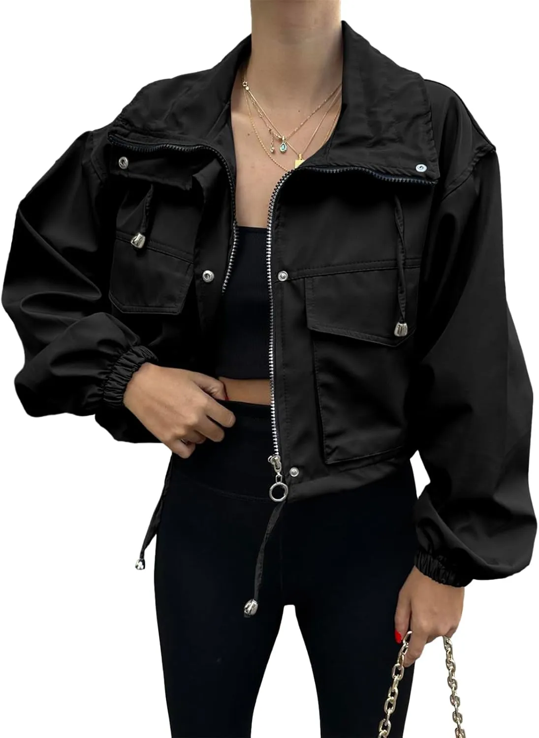 Tankaneo Womens Cropped Jacket Zip Up Lightweight Oversized Utility Anorak Coat with Pockets