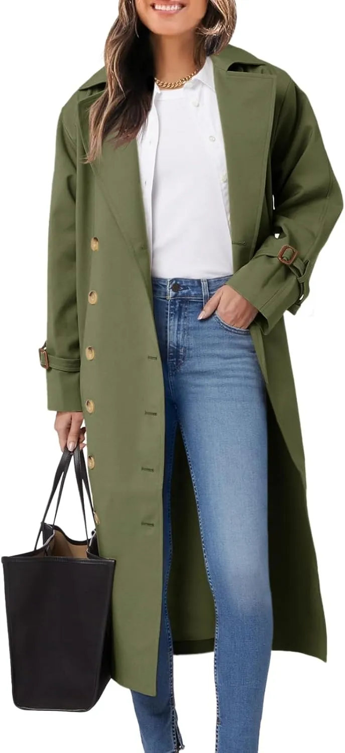 Tankaneo Womens Long Trench Coat Oversized Double Breasted Windproof Classic Lapel Casual Fall Overcoat