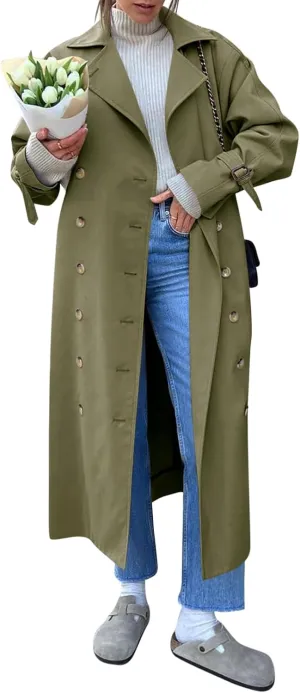 Tankaneo Womens Long Trench Coat Oversized Double Breasted Windproof Classic Lapel Casual Fall Overcoat