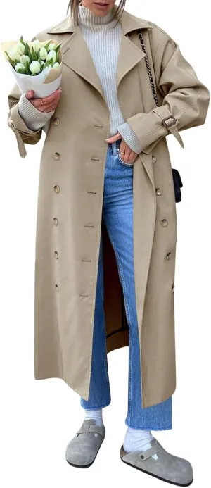 Tankaneo Womens Long Trench Coat Oversized Double Breasted Windproof Classic Lapel Casual Fall Overcoat