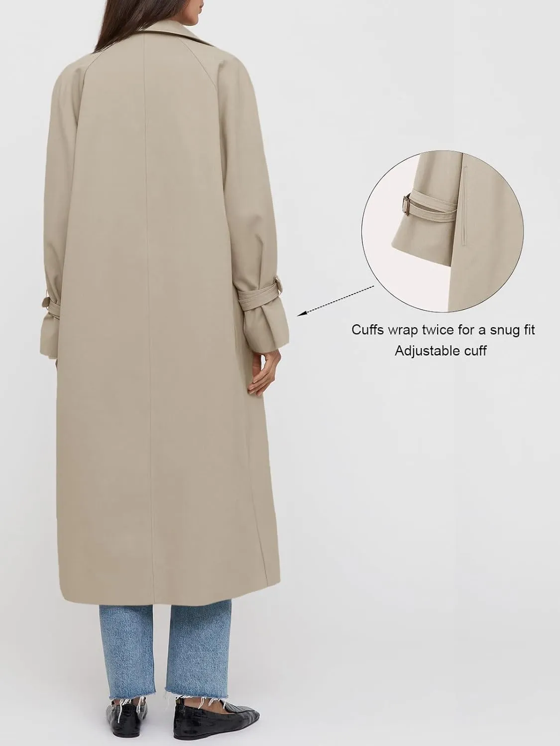 Tankaneo Womens Long Trench Coat Oversized Double Breasted Windproof Classic Lapel Casual Fall Overcoat