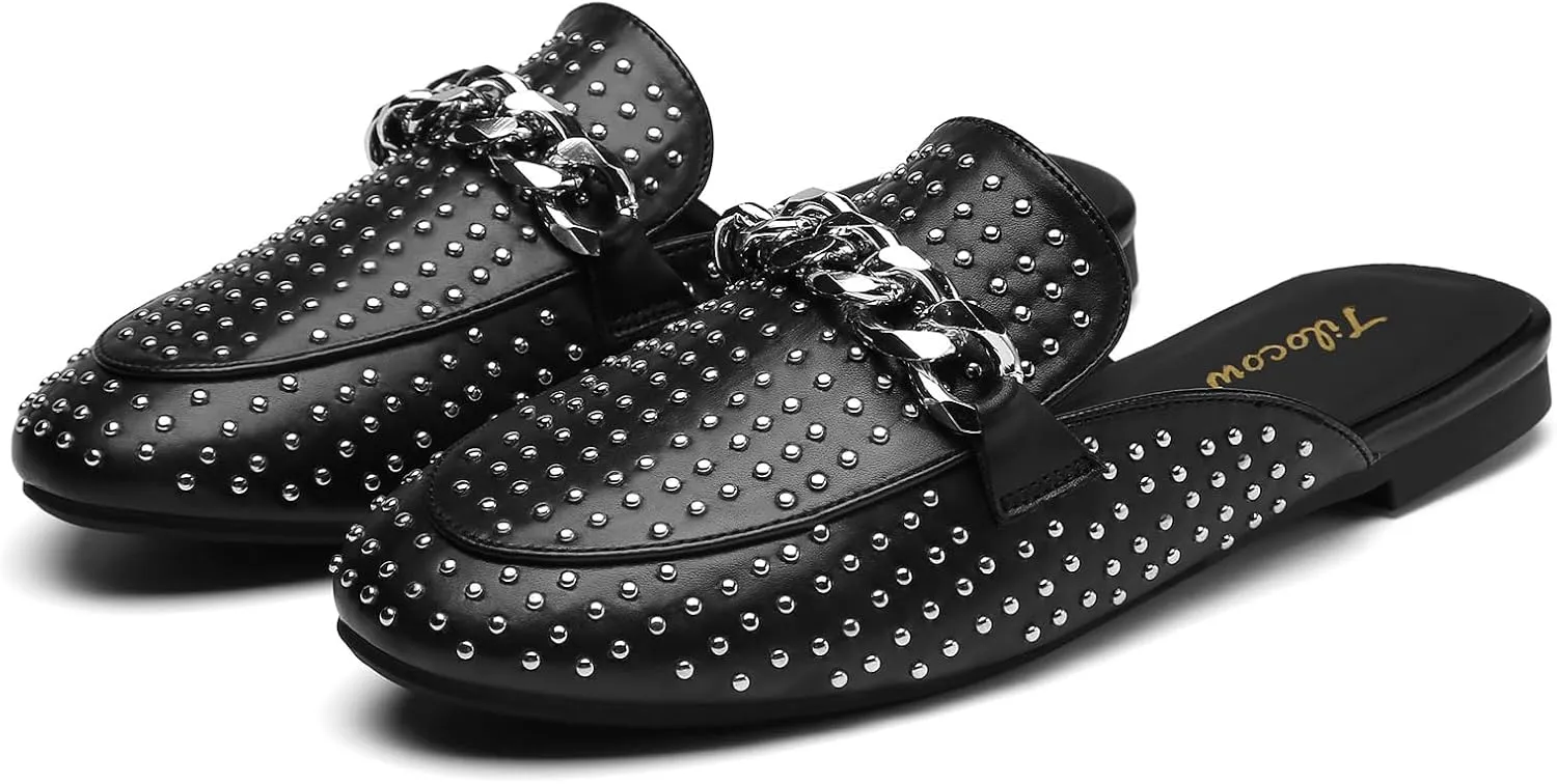 Tilocow Metal Chain Decor Mules for Women Backless Round Toe Flats Rivet Slide Sandals Women Slip-on Loafers