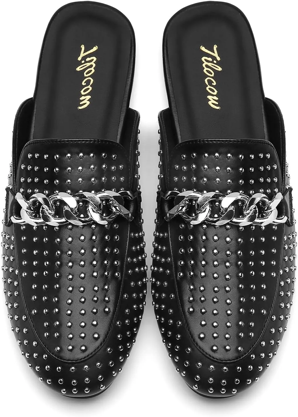 Tilocow Metal Chain Decor Mules for Women Backless Round Toe Flats Rivet Slide Sandals Women Slip-on Loafers
