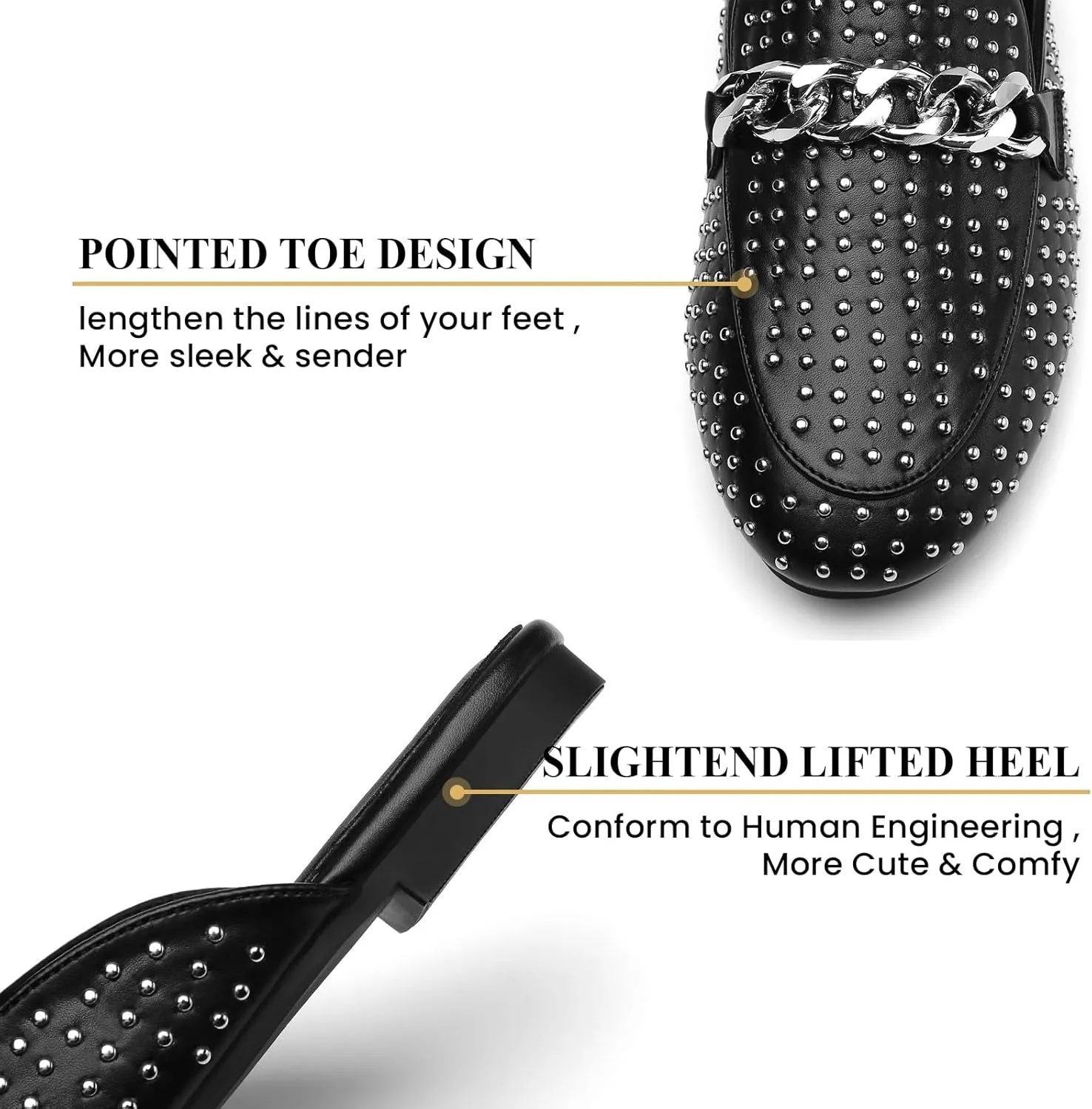 Tilocow Metal Chain Decor Mules for Women Backless Round Toe Flats Rivet Slide Sandals Women Slip-on Loafers
