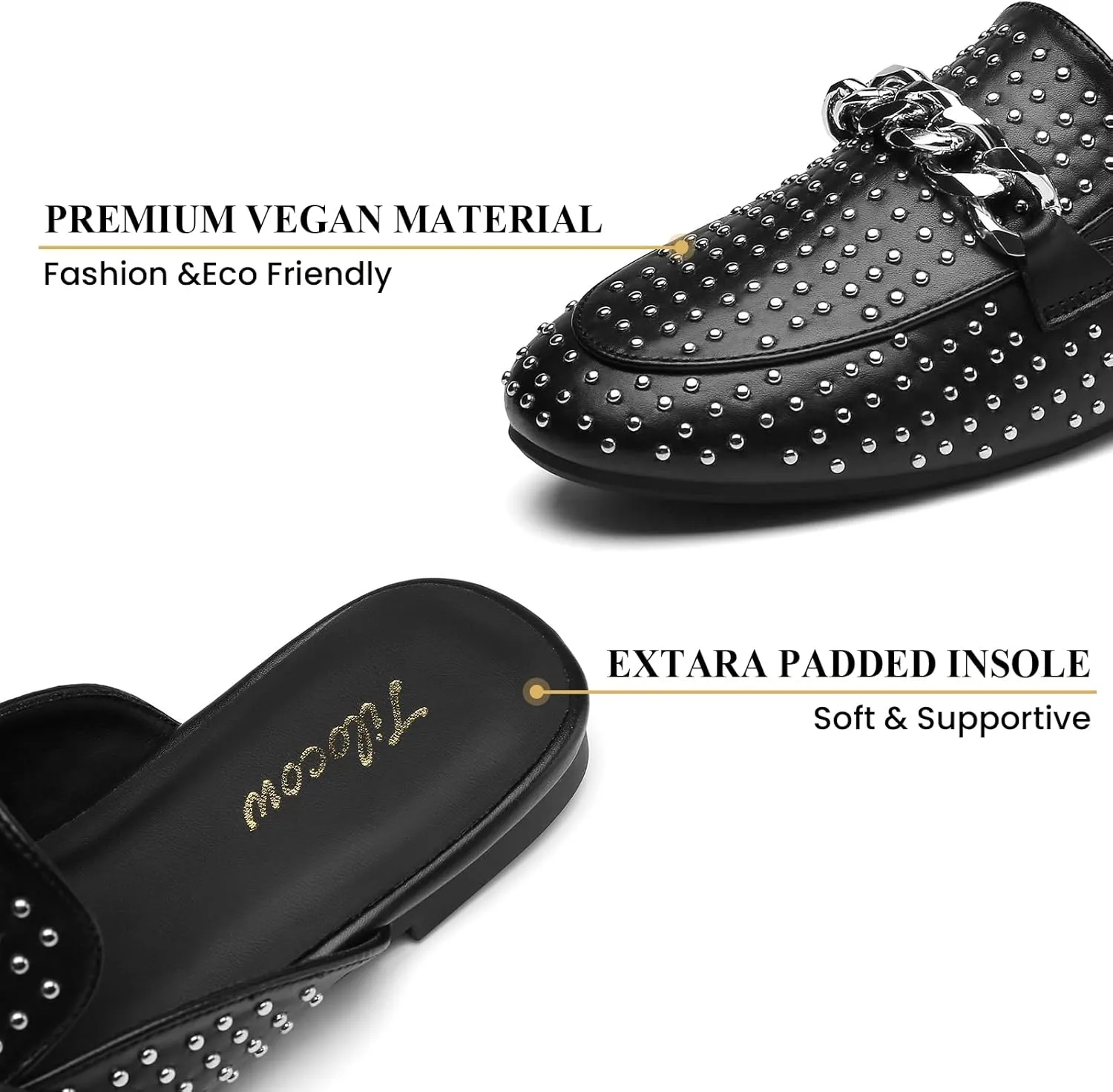 Tilocow Metal Chain Decor Mules for Women Backless Round Toe Flats Rivet Slide Sandals Women Slip-on Loafers