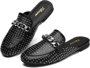 Tilocow Metal Chain Decor Mules for Women Backless Round Toe Flats Rivet Slide Sandals Women Slip-on Loafers