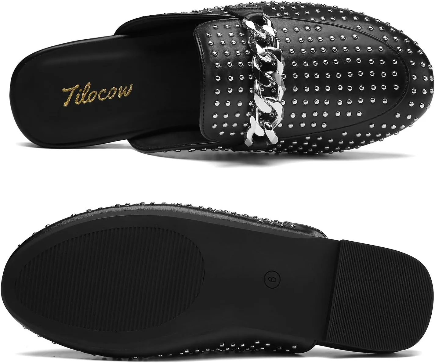 Tilocow Metal Chain Decor Mules for Women Backless Round Toe Flats Rivet Slide Sandals Women Slip-on Loafers