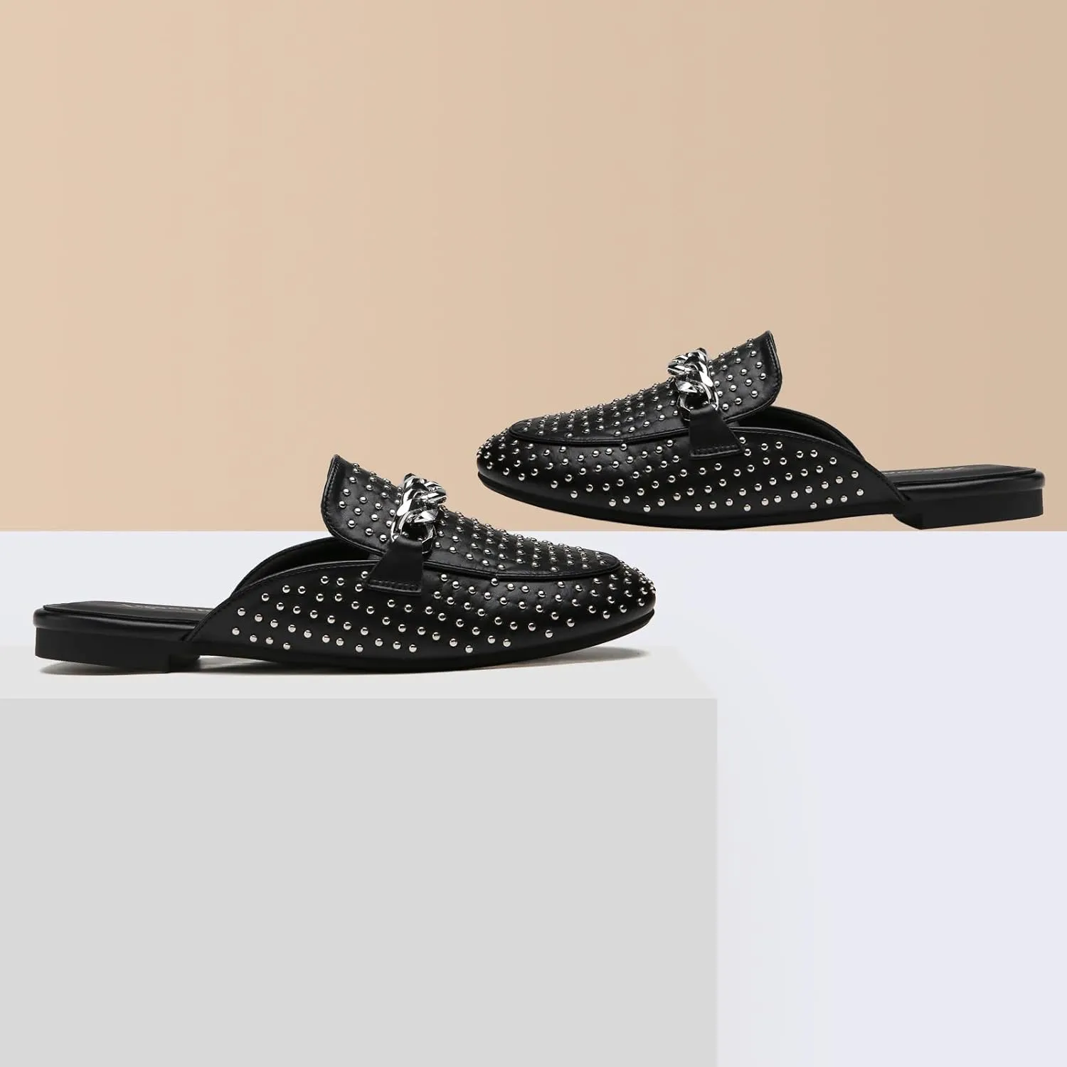 Tilocow Metal Chain Decor Mules for Women Backless Round Toe Flats Rivet Slide Sandals Women Slip-on Loafers