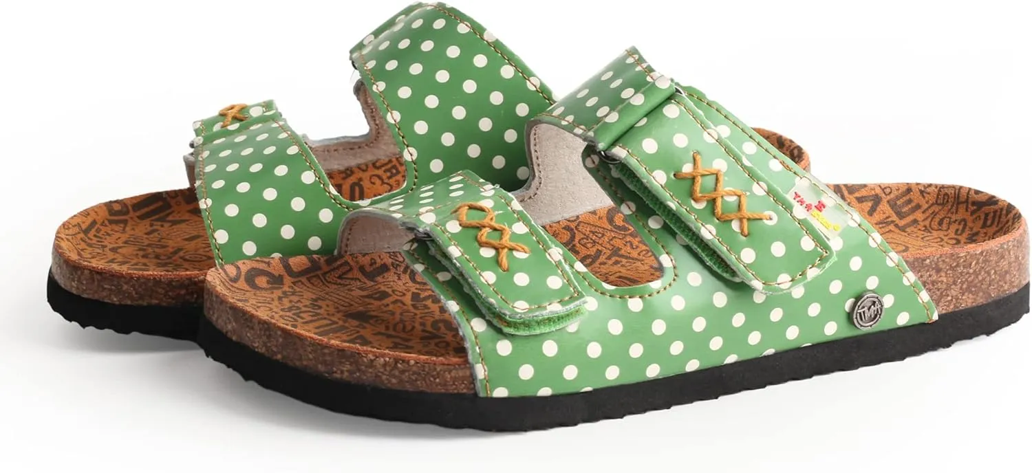 TMA EYES Women's hand stitching Open Toe Footbed Sandals Fashion polka dot leather Casual Slippers