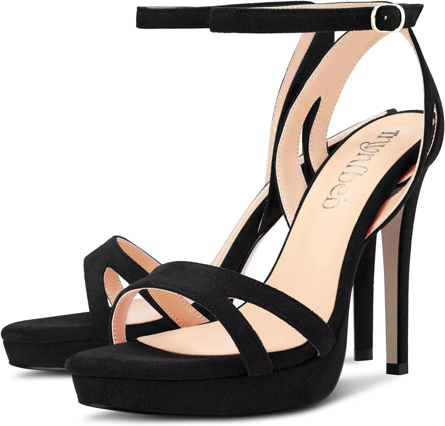 TNYNFBEB Women Stiletto High Platform Heel Peep Open Pointed Toe Sandals Ankle Strap Buckle Party Cute 4.7 Inches Heels