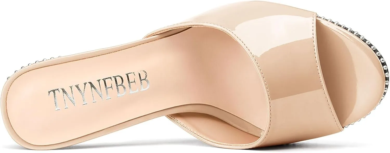 TNYNFBEB Womens Stiletto High Heel Peep Open Toe Sandals Mules Shoes Slingback Slip-on Silver Beaded Prom Party Dress Patent Leather 3.9 Inches Heels