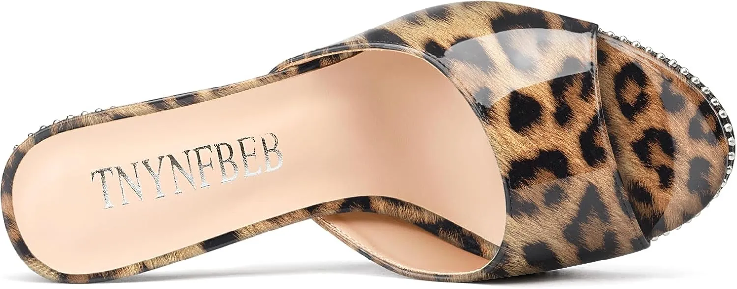 TNYNFBEB Womens Stiletto High Heel Peep Open Toe Sandals Mules Shoes Slingback Slip-on Silver Beaded Prom Party Dress Patent Leather 3.9 Inches Heels