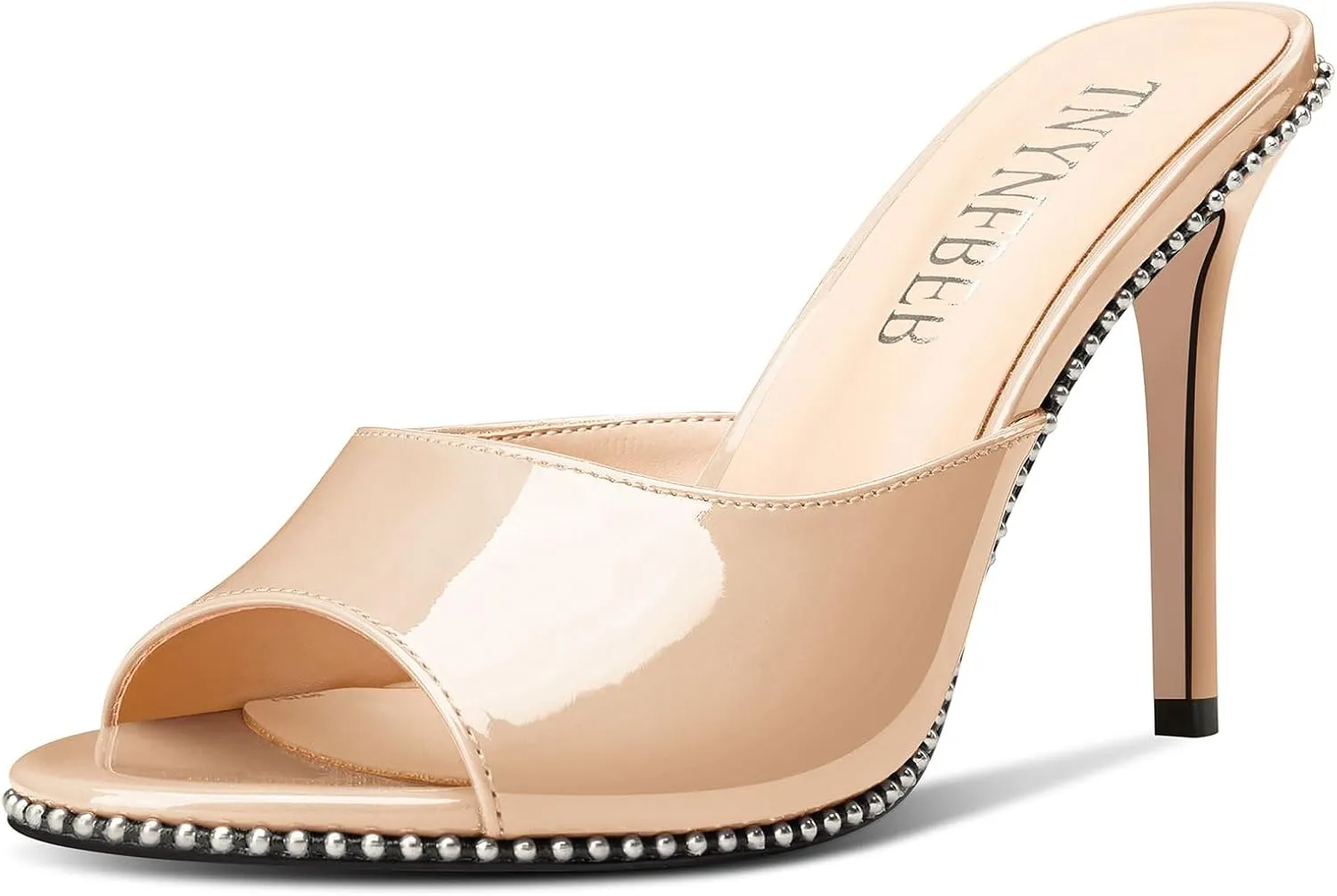 TNYNFBEB Womens Stiletto High Heel Peep Open Toe Sandals Mules Shoes Slingback Slip-on Silver Beaded Prom Party Dress Patent Leather 3.9 Inches Heels