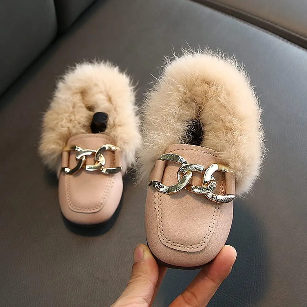Toddler Little Kids Dress Shoes Velour with Fur Girls Boys Loafers Leather Warm Daily Walking Dress Flats Moccasin Boat Shoes for Girls