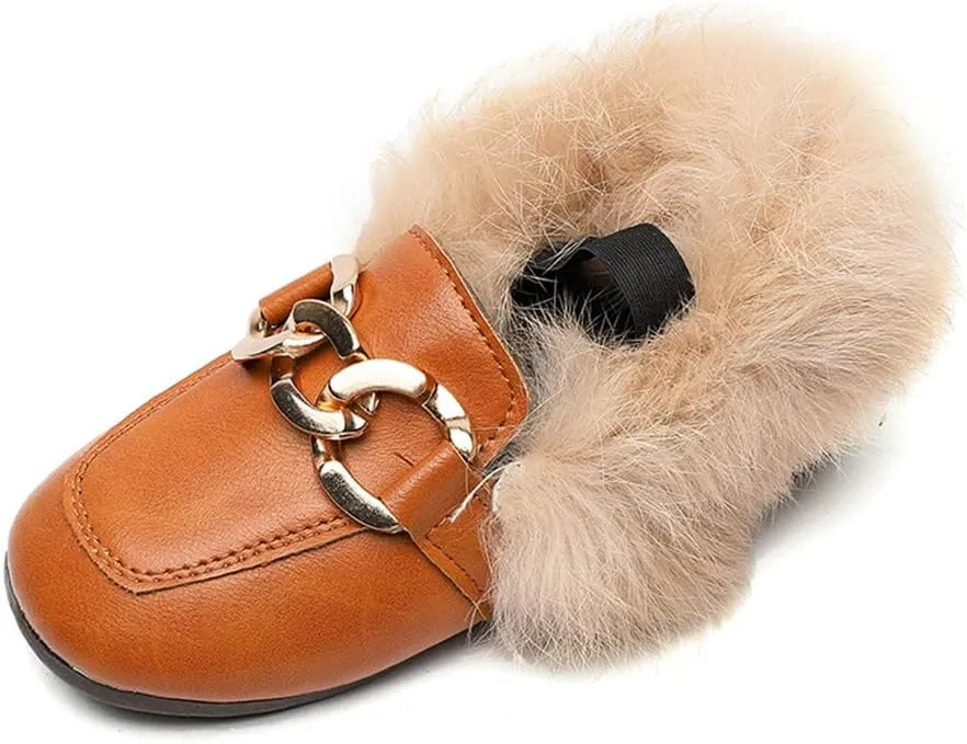Toddler Little Kids Dress Shoes Velour with Fur Girls Boys Loafers Leather Warm Daily Walking Dress Flats Moccasin Boat Shoes for Girls