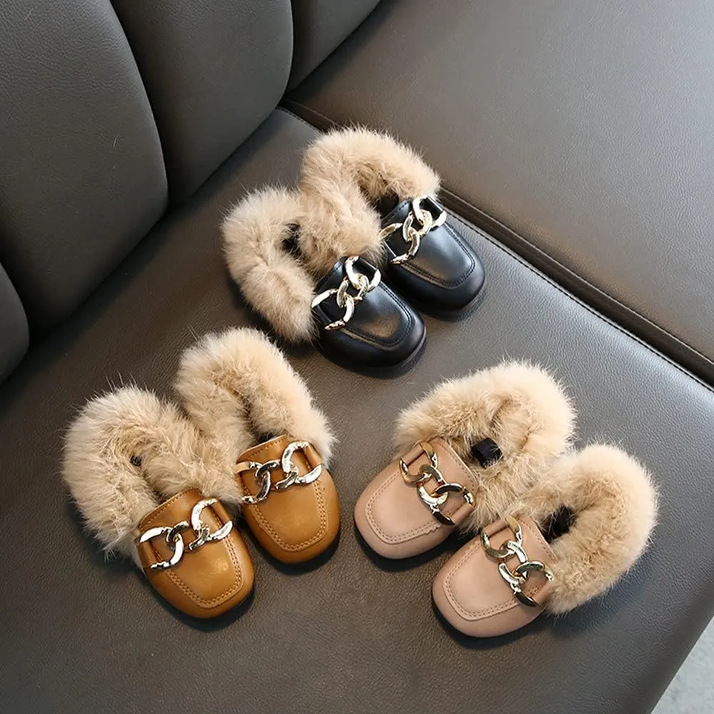 Toddler Little Kids Dress Shoes Velour with Fur Girls Boys Loafers Leather Warm Daily Walking Dress Flats Moccasin Boat Shoes for Girls