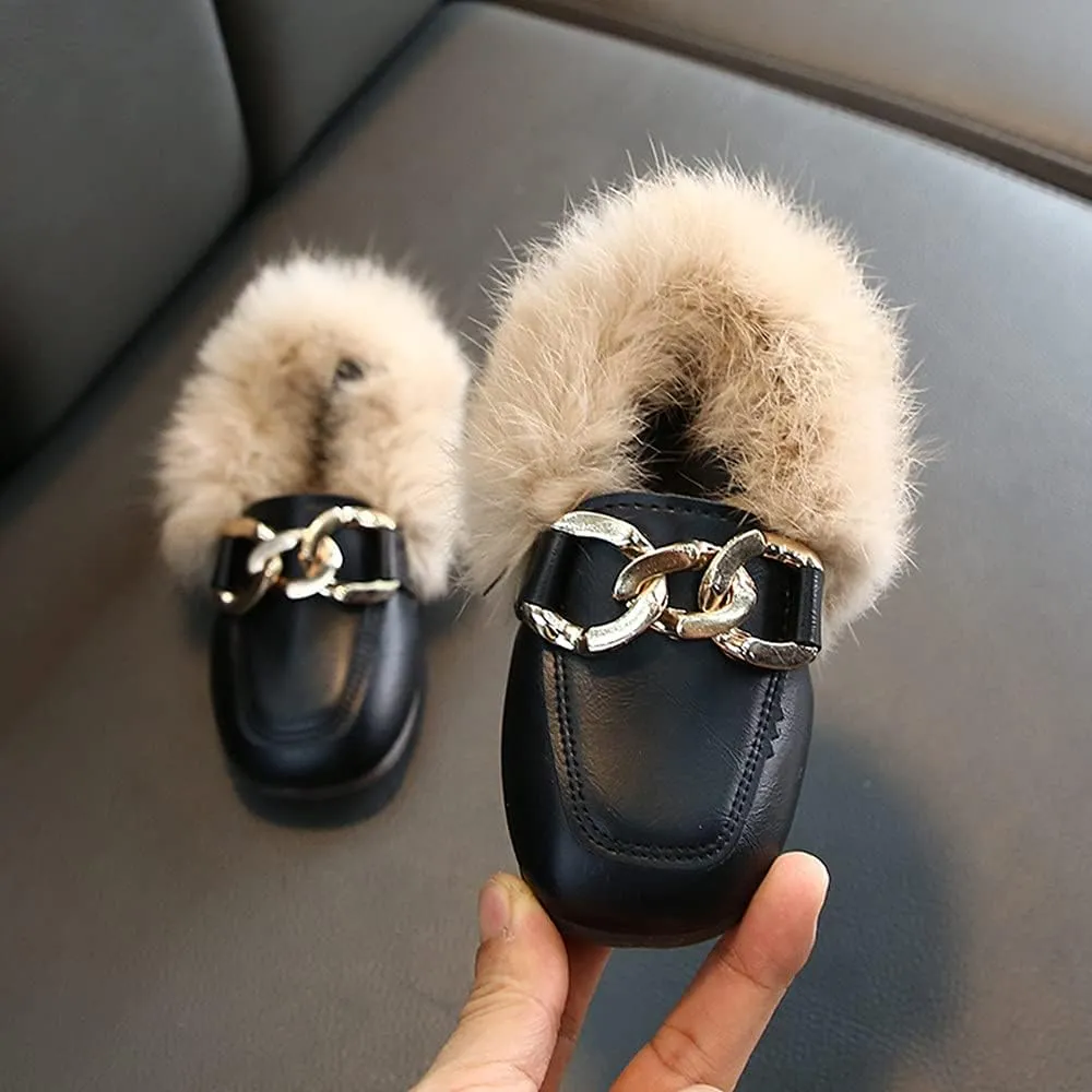 Toddler Little Kids Dress Shoes Velour with Fur Girls Boys Loafers Leather Warm Daily Walking Dress Flats Moccasin Boat Shoes for Girls