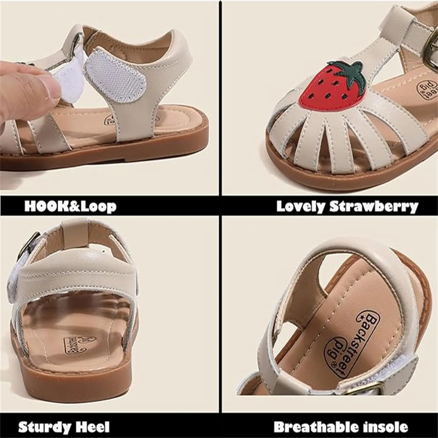 Toddlers Little Girls T-Strap Strawberry Closed Toe Sandals Princess Flat Shoes Summer Flower Girl Shoes