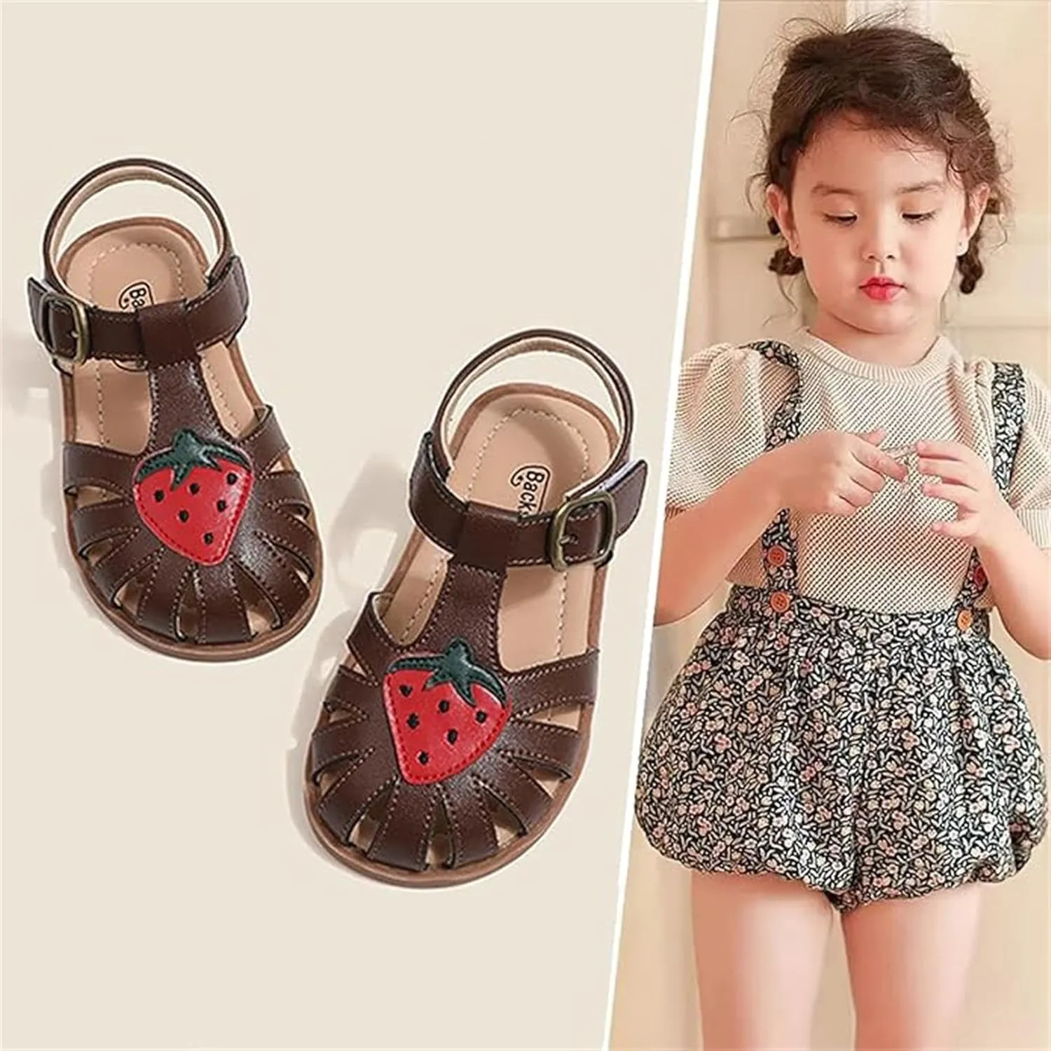 Toddlers Little Girls T-Strap Strawberry Closed Toe Sandals Princess Flat Shoes Summer Flower Girl Shoes